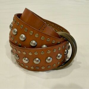 Studded Brown Leather 2” Wide Belt with Double Ring Buckle